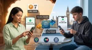 This header image perfectly encapsulates the key elements of your blog post. It visually bridges India and the UK, explicitly referencing specific financial regulations like the 'LRS 2026' and '₹10 Lakh TCS Threshold' discussed in the text. I've also included logos and rate highlights for Wise, Monzo, Revolut, and traditional banks to directly align with your fee table and detailed breakdown.