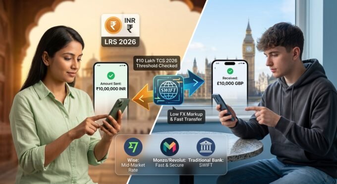 This header image perfectly encapsulates the key elements of your blog post. It visually bridges India and the UK, explicitly referencing specific financial regulations like the 'LRS 2026' and '₹10 Lakh TCS Threshold' discussed in the text. I've also included logos and rate highlights for Wise, Monzo, Revolut, and traditional banks to directly align with your fee table and detailed breakdown.